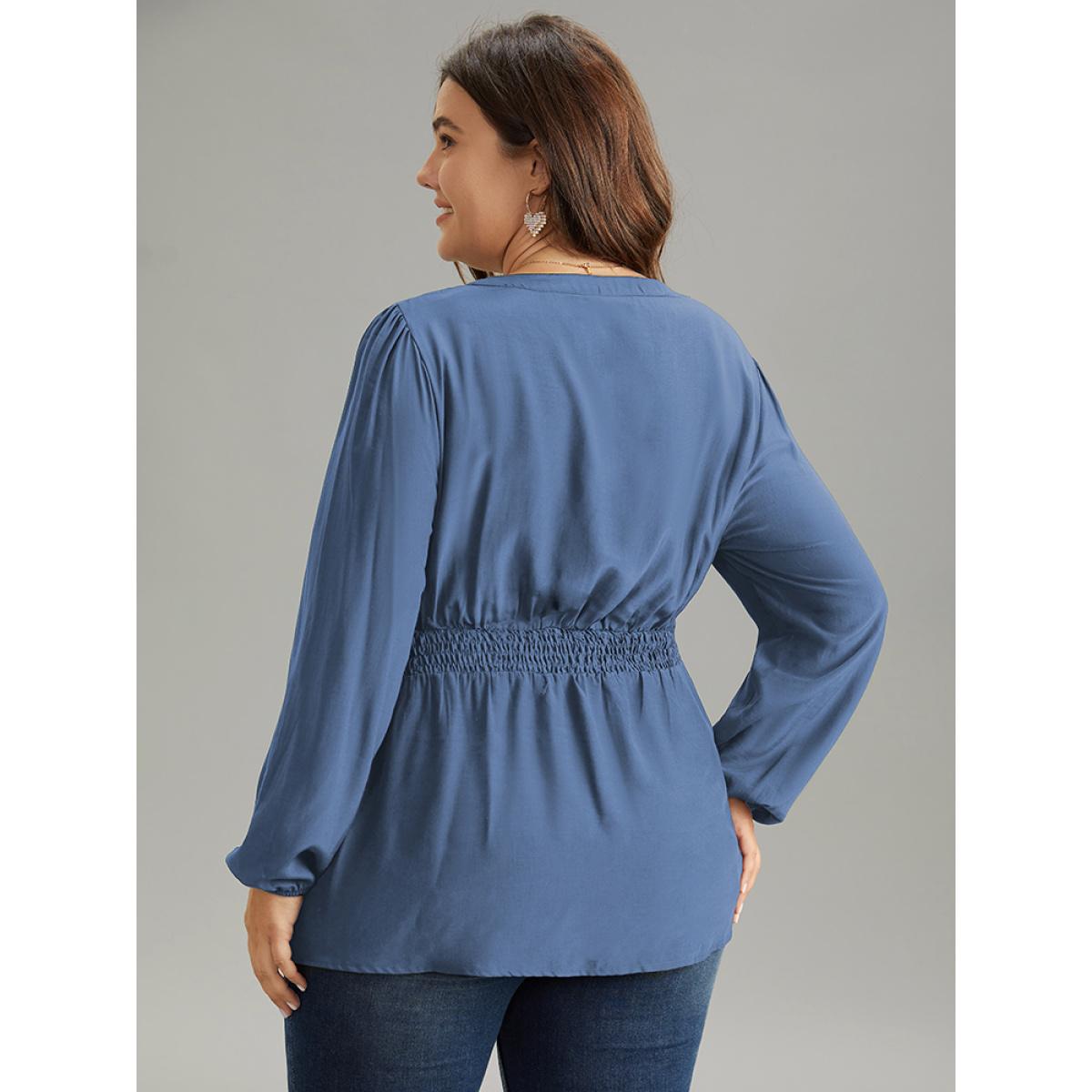 Plus Size Aegean Solid Frill Trim Shirred Flutter Hem Blouse Women Elegant Long Sleeve Notched collar Dailywear Blouses BloomChic 14-16/1X Product Image