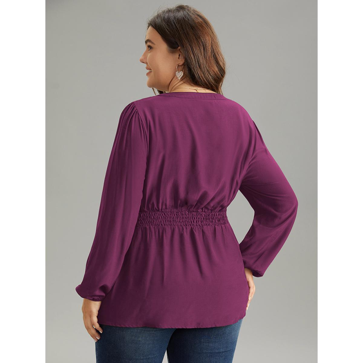 Plus Size RedViolet Solid Frill Trim Shirred Flutter Hem Blouse Women Elegant Long Sleeve Notched collar Dailywear Blouses BloomChic 12/L Product Image