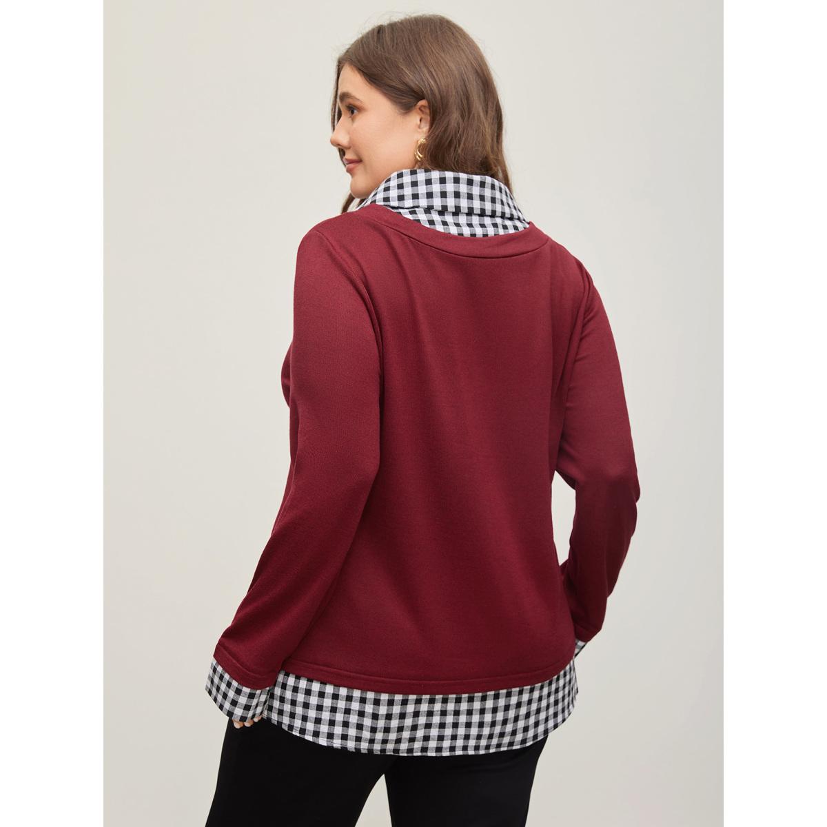 Plus Size Gingham Patchwork Shirt Collar Arc Hem Sweatshirt Women Scarlet Leisure Patchwork V-neck Casual Sweatshirts BloomChic 22-24/3X Product Image