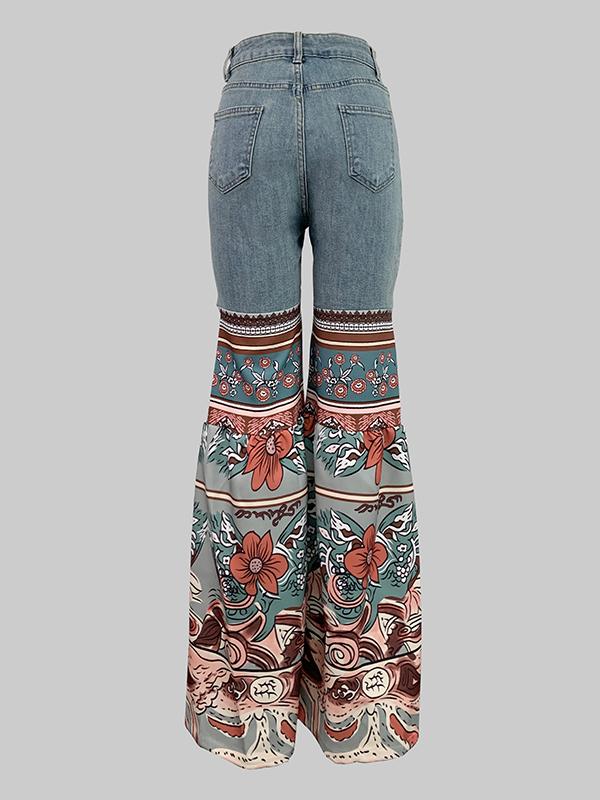 Flared Pants Floral Printed High-Waisted Pockets Jean Pants Bottoms Product Image