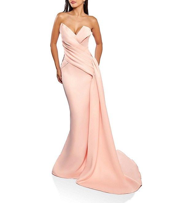Terani Couture Satin Strapless Sleeveless Drape Side Mermaid Gown Product Image