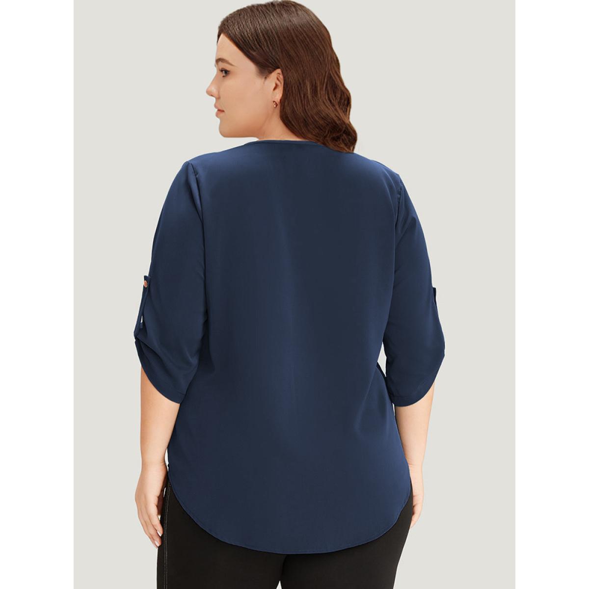 Plus Size Indigo Solid Cuffed Sleeve Gathered Curved Hem Blouse Women Office Elbow-length sleeve V-neck Work Blouses BloomChic 30/6X Product Image