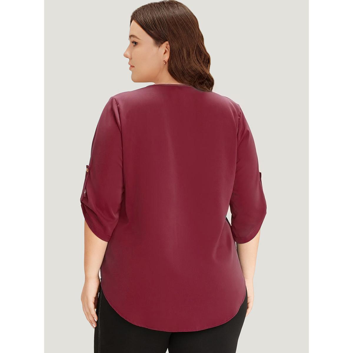 Plus Size Indigo Solid Cuffed Sleeve Gathered Curved Hem Blouse Women Office Elbow-length sleeve V-neck Work Blouses BloomChic 30/6X Product Image