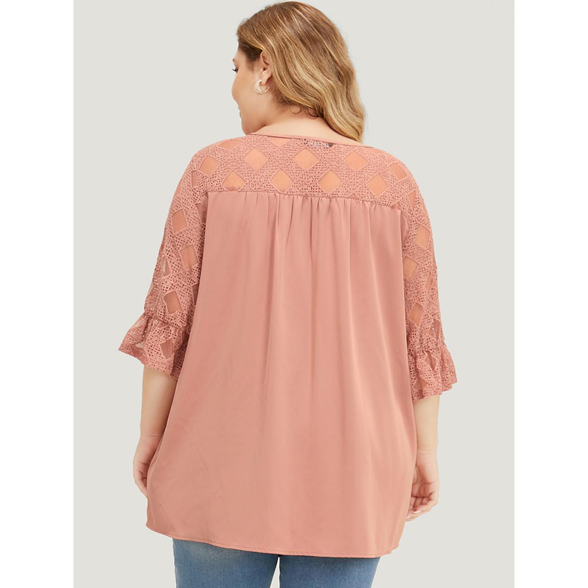 Plus Size DustyPink Solid Lace Mesh Panel Bell Sleeve Blouse Women Elegant Elbow-length sleeve Round Neck Dailywear Blouses BloomChic 26/4X Product Image