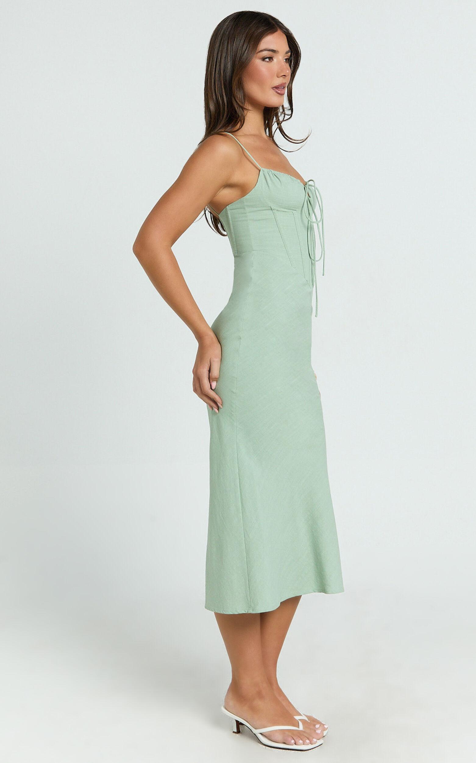 Mikayla Midi Dress - Linen Scoop Neck Ruched Bust Corset Waist Bias Skirt Dress in Sage Product Image