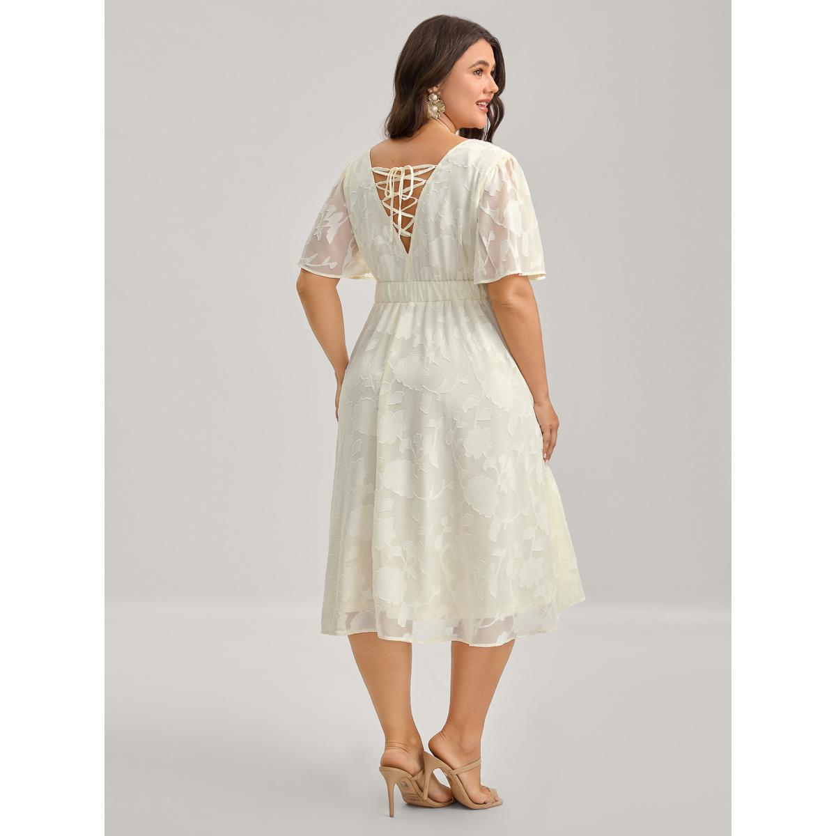 Plus Size Back Tie-Up Sheer Textured Midi Dress Beige Women Overlapping Overlap Collar Short sleeve Curvy BloomChic 14-16/1X Product Image