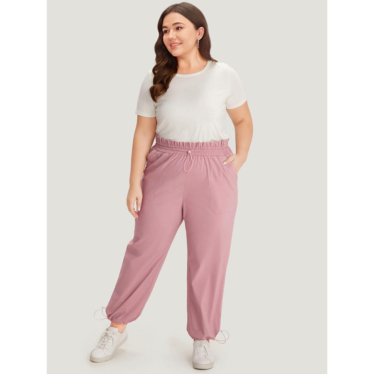 Plus Size Plain Paperbag Waist Drawstring Hem Slant Pocket Pants Women Rouge Casual High Rise Dailywear Pants BloomChic 30/6X Product Image