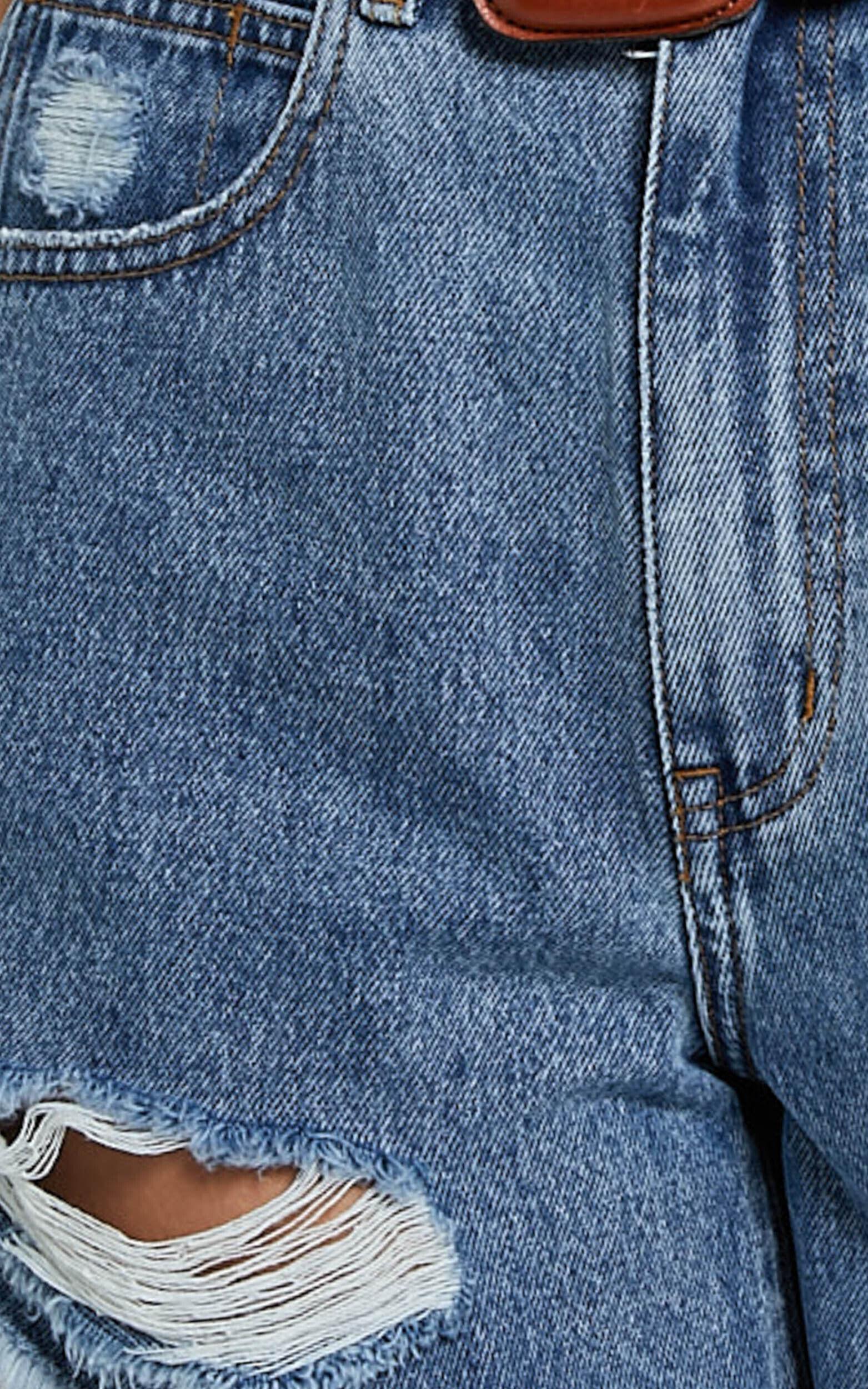 Mindae Shorts - Recycled Cotton Ripped Denim Shorts in Blue Product Image