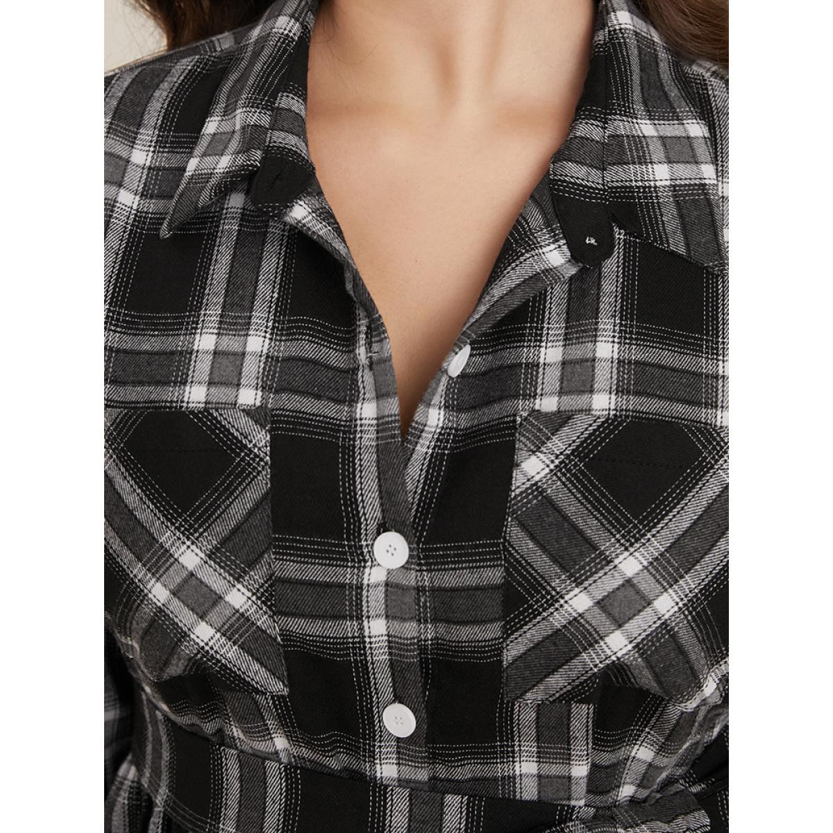 Plus Size Plaid Pocket Button Cuffed Sleeve Belted Arc Hem Dress Black Women Office Belted Shirt collar Long Sleeve Curvy Midi Dress BloomChic 30/6X Product Image