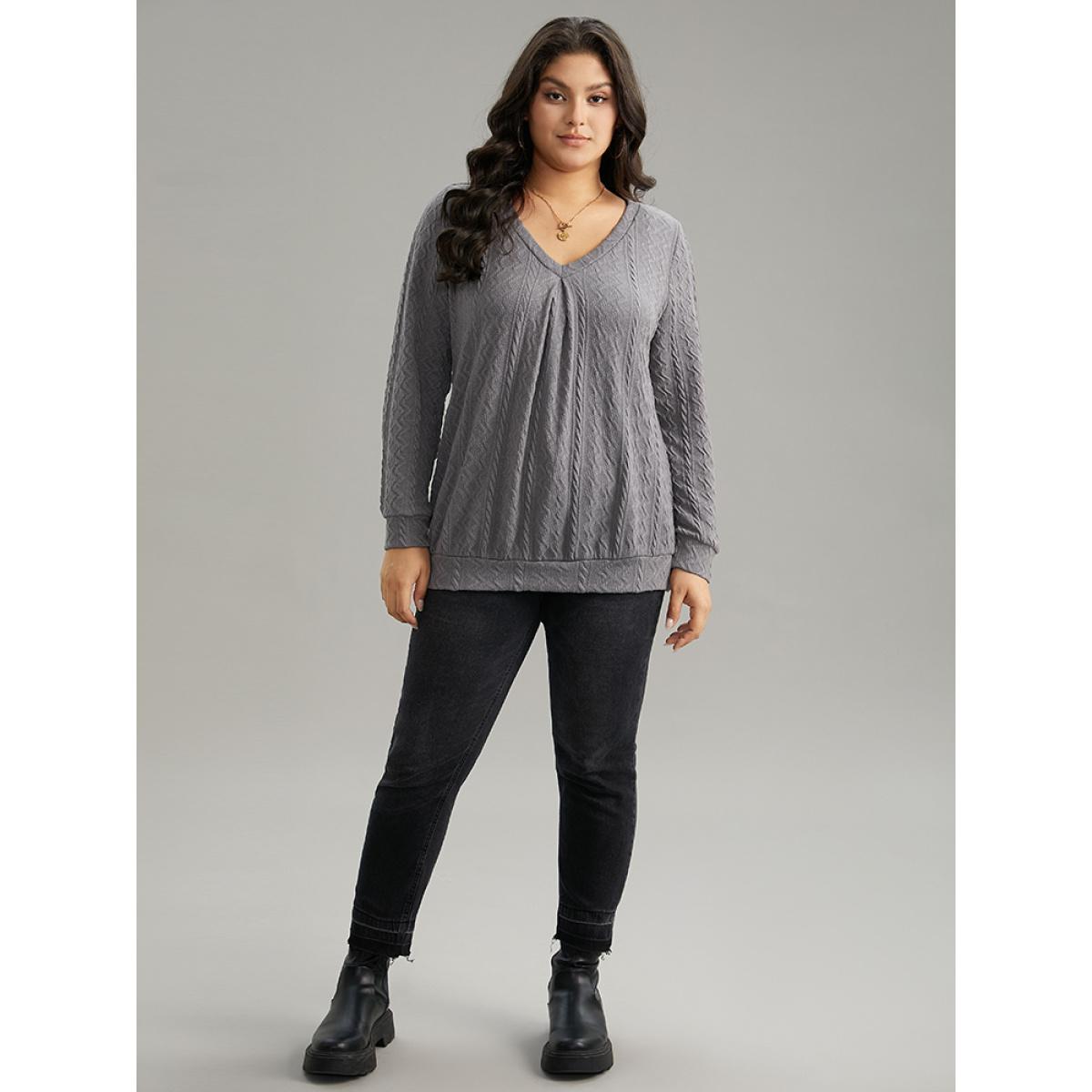 Plus Size Plain Geometric Textured Plicated Detail Sweatshirt Women Gray Casual Texture V-neck Dailywear Sweatshirts BloomChic 12/L Product Image