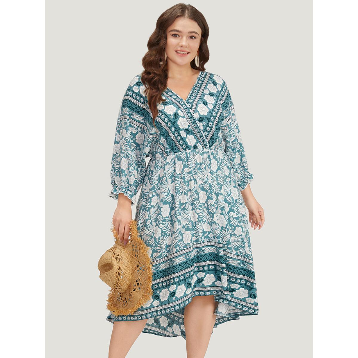 Plus Size Floral Print Pocket Surplice Neck Ruffle Trim Dress Turquoise Women Vacation Elastic cuffs V-neck Elbow-length sleeve Curvy Midi Dress BloomChic 14-16/1X Product Image