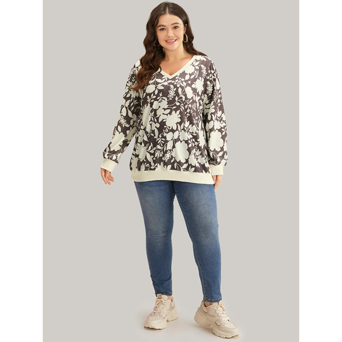 Plus Size Silhouette Floral Print Contrast Trim V Neck Sweatshirt Women DarkBrown Casual Elastic cuffs V-neck Dailywear Sweatshirts BloomChic 26/4X Product Image
