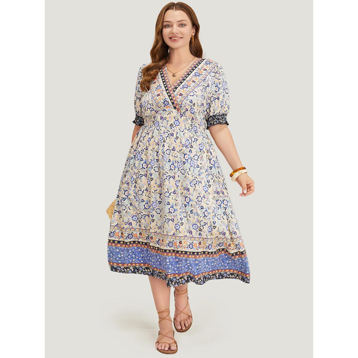 Plus Size Bandana Print Surplice Neck Pocket Shirred Puff Sleeve Dress Aegean Women Vacation Overlap Collar Short sleeve Curvy Midi Dress BloomChic 22-24/3X Product Image