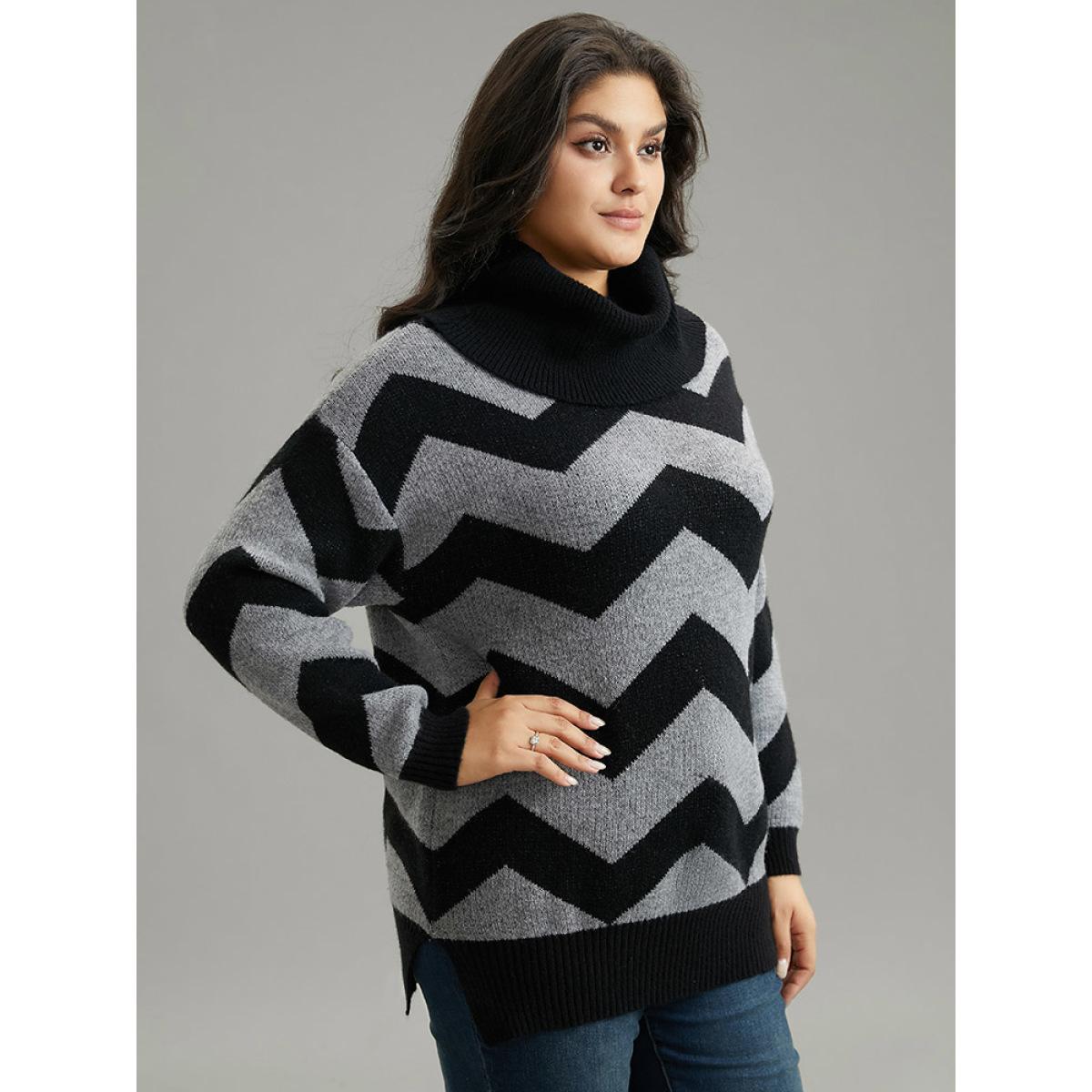 Plus Size Geo Striped Turtle Neck Drop Shoulder Pullover Black Women Casual Loose Long Sleeve Turtleneck Dailywear Pullovers BloomChic 18-20/2X Product Image