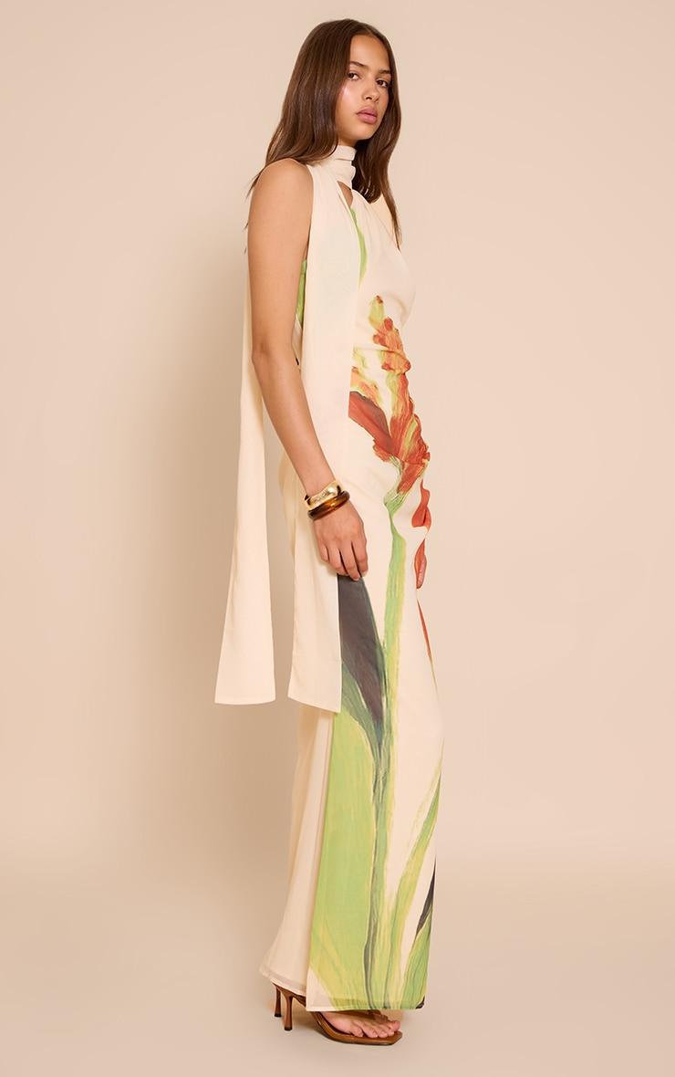 Cream Floral Print Chiffon High Neck Mxi Dress Product Image