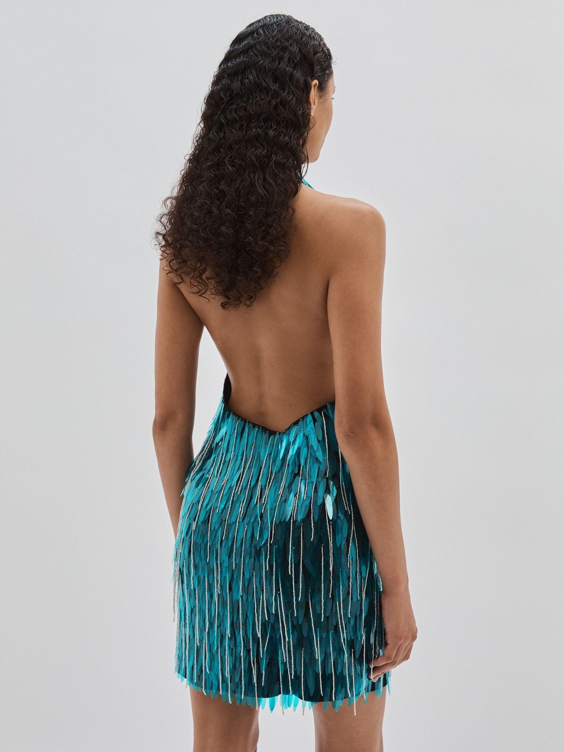 ILTA Sequinned and Beaded Halter-Neck Dress in Turquoise Product Image