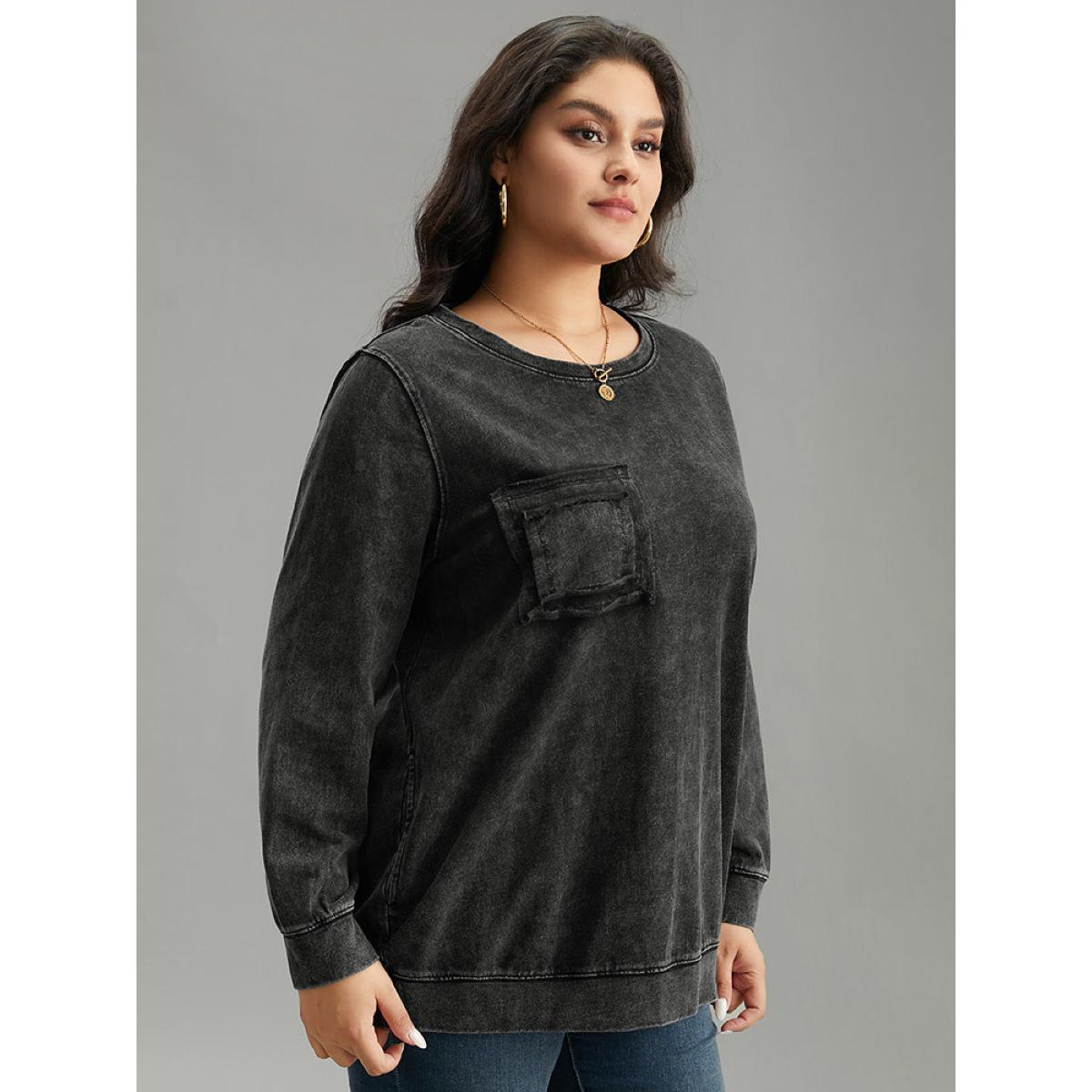 Plus Size Vintage Patched Pocket Round Neck Sweatshirt Women DimGray Casual Plain Round Neck Everyday Sweatshirts BloomChic 14-16/1X Product Image