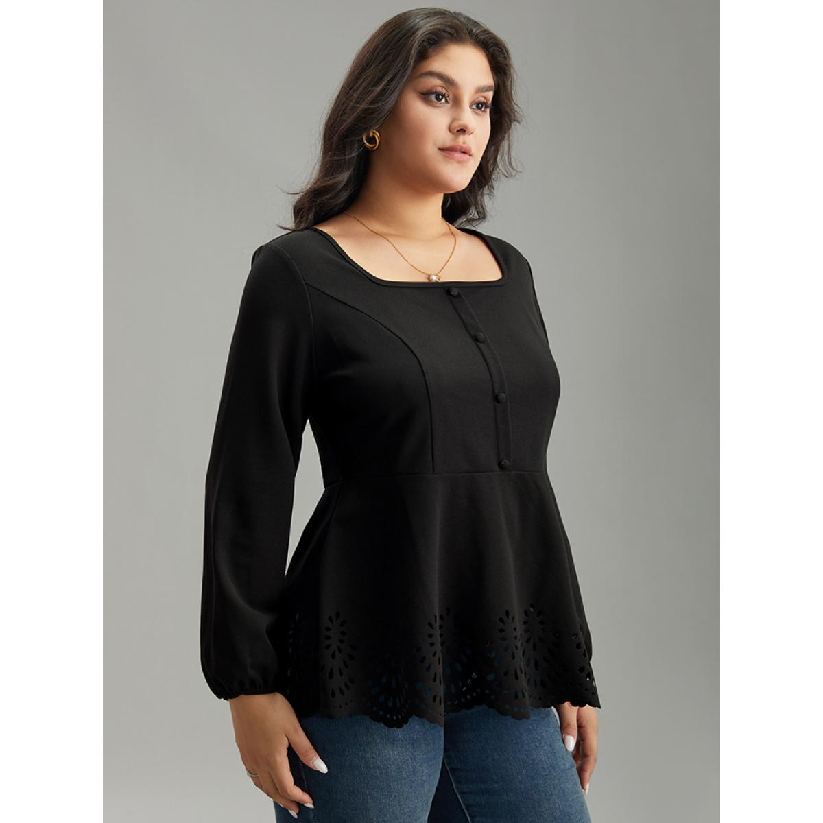 Plus Size Black Plain Laser Cut Button Detail Blouse Women Elegant Long Sleeve Square Neck Dailywear Blouses BloomChic 30/6X Product Image