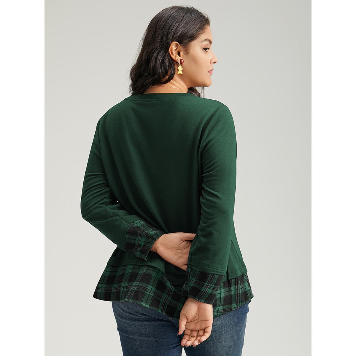 Plus Size Plaid Patchwork Button Detail Curved Hem Sweatshirt Women Green Casual Contrast Round Neck Festival-Christmas Sweatshirts BloomChic 26/4X Product Image