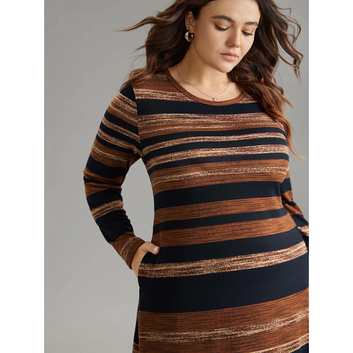 Plus Size Striped Contrast Elastic Waist Crew Neck Knit Dress DarkBrown Women Casual Printed Round Neck Long Sleeve Curvy Midi Dress BloomChic 22-24/3X Product Image