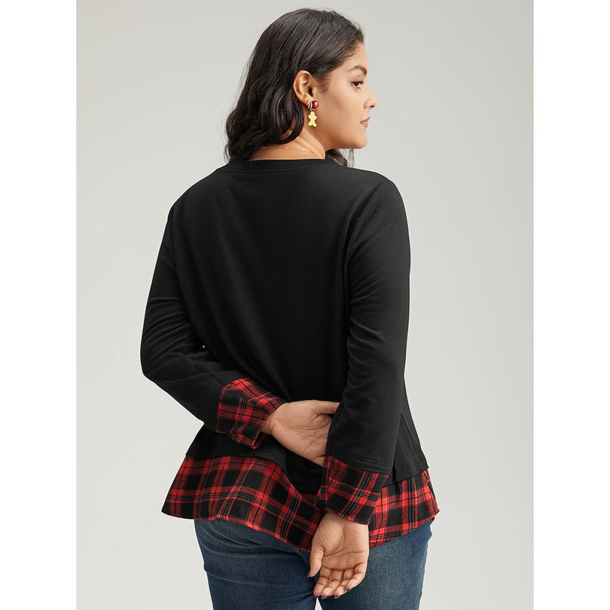 Plus Size PU Leather Patchwork Crew Neck Sweatshirt Women Scarlet Elegant Plain Round Neck Dailywear Sweatshirts BloomChic 30/6X Product Image