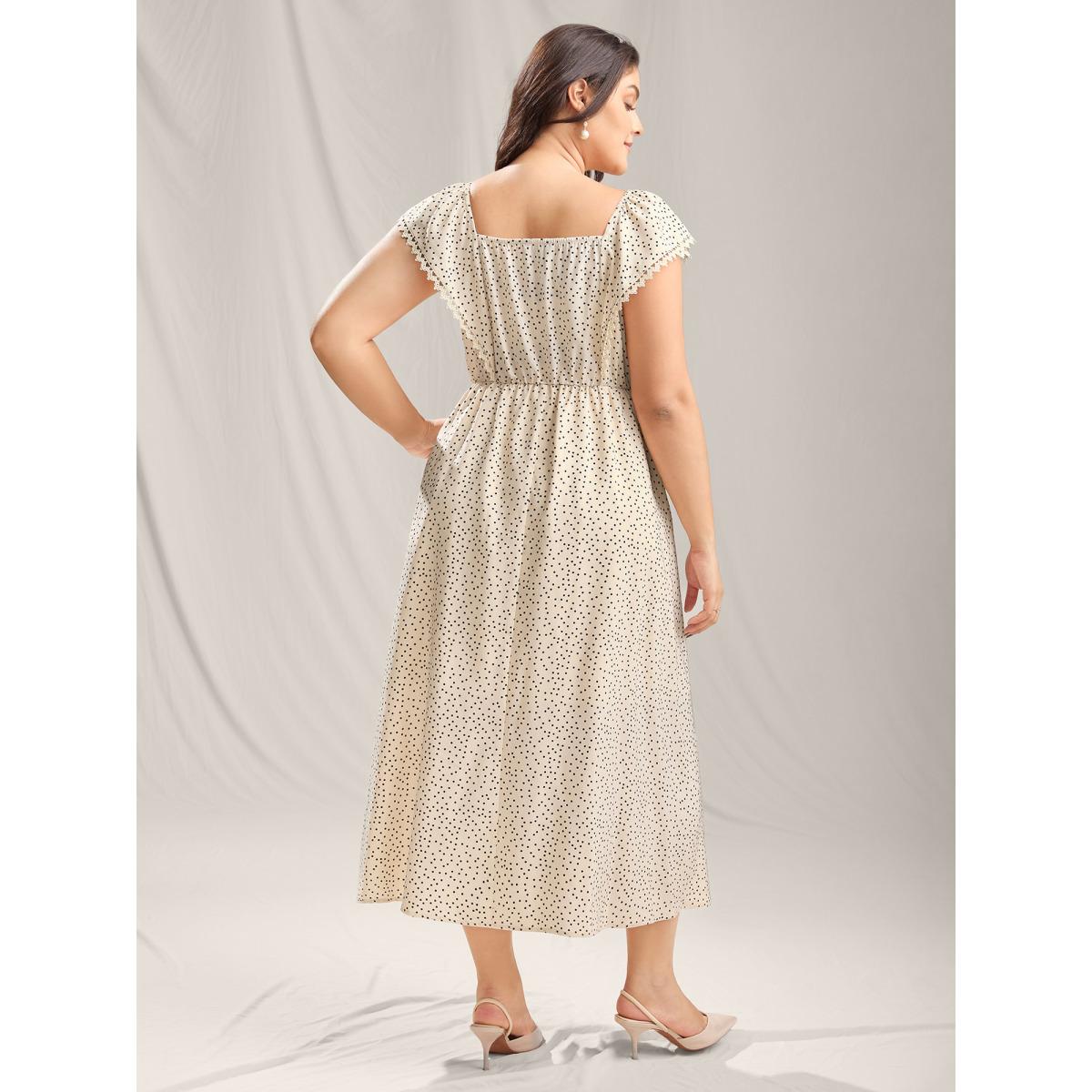 Plus Size Polka Dot Cinched-Waist Pockets Midi Dress Apricot Women Square Neck Cap Sleeve Curvy BloomChic 30/6X Product Image