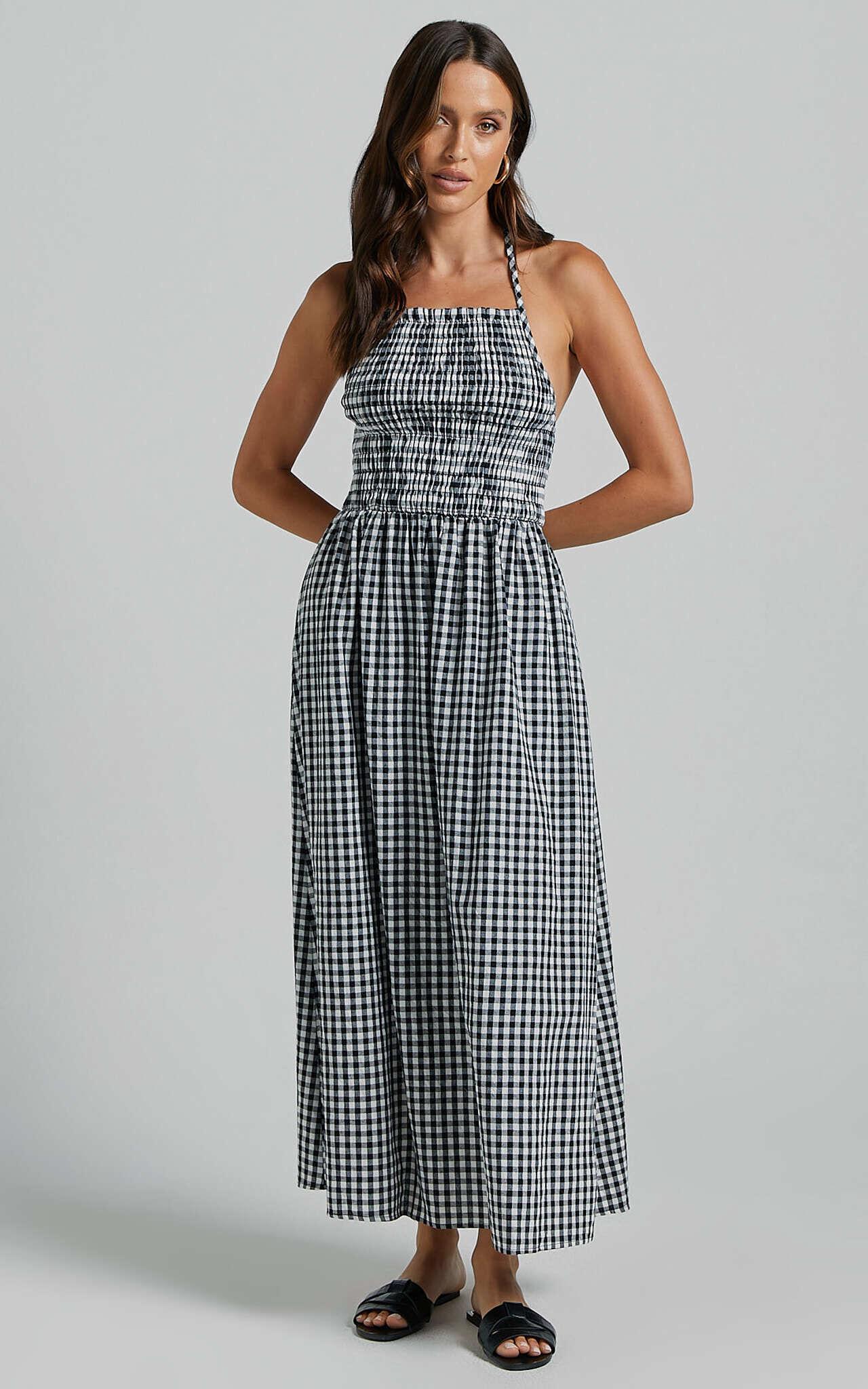 Aimie Midi Dress - Strappy Halter Neck Shirred Top in White Check Product Image