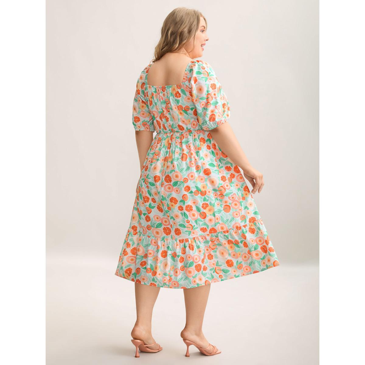 Plus Size Fruity Print Square Neck Puff Sleeve Dress Multicolor Women Elegant Non Square Neck Half Sleeve Curvy BloomChic 22-24/3X Product Image