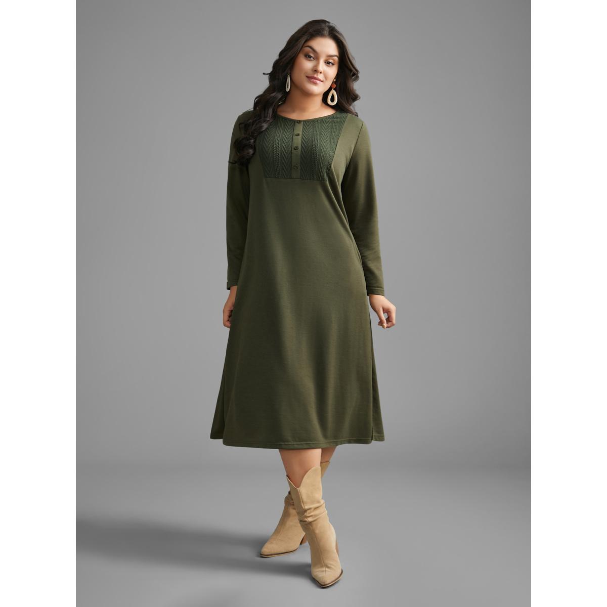Plus Size Textured Patchwork Button Detail Midi Dress Sage Women Casual Texture Round Neck Long Sleeve Curvy BloomChic 12/L Product Image