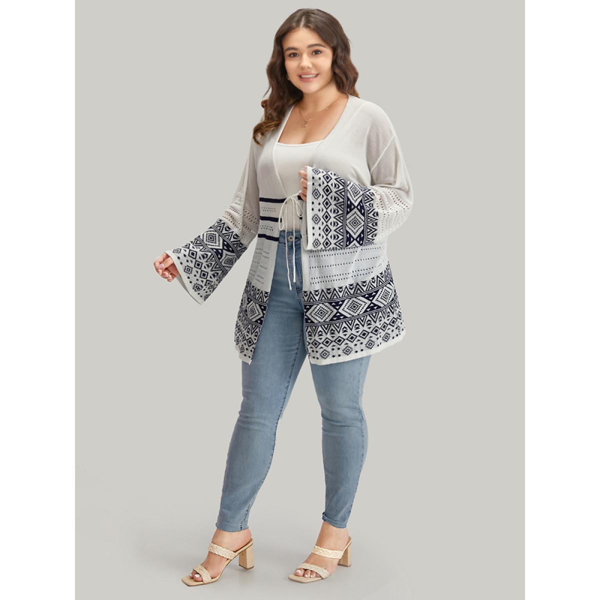 Plus Size Bandana Print Geo Eyelet Ties Front Cardigan WhiteSmoke Women Casual Loose Long Sleeve Everyday Cardigans BloomChic 18-20/2X Product Image