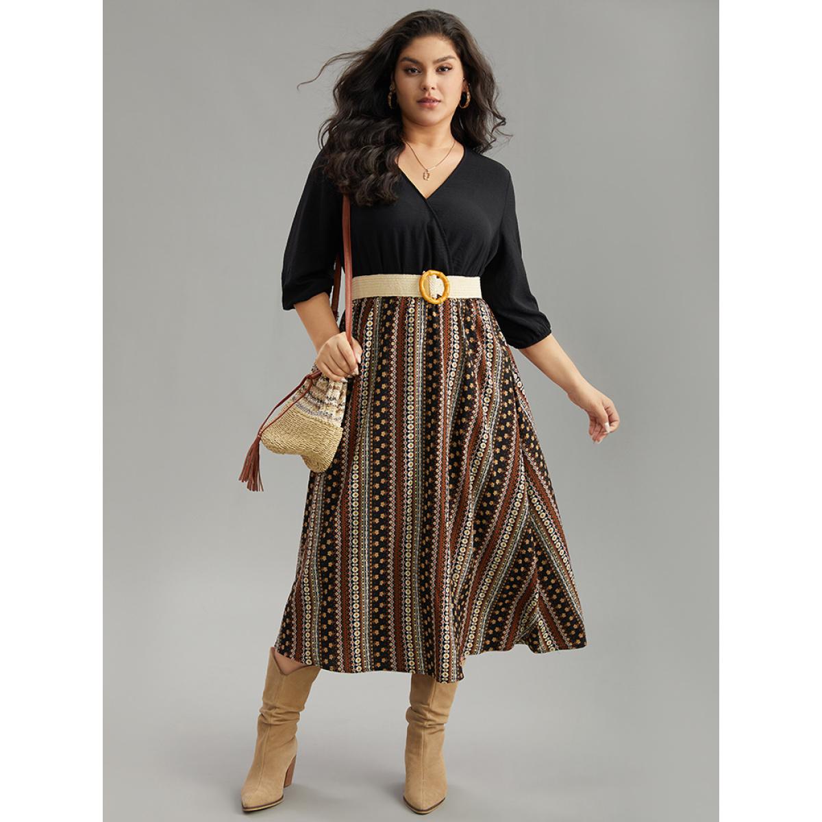 Plus Size Bandana Striped Patchwork Wrap Dress Black Women Vacation Elastic cuffs V-neck Elbow-length sleeve Curvy Midi Dress BloomChic 30/6X Product Image