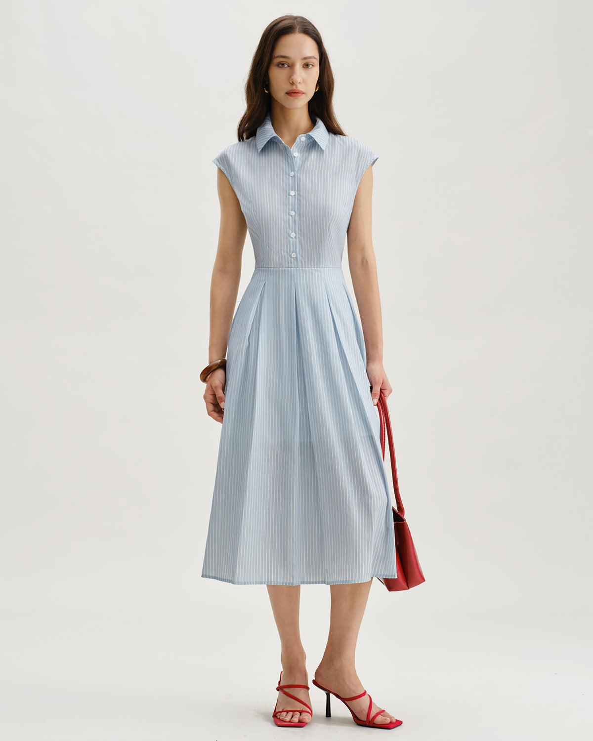Blue Striped Cap Sleeve Midi Dress Product Image