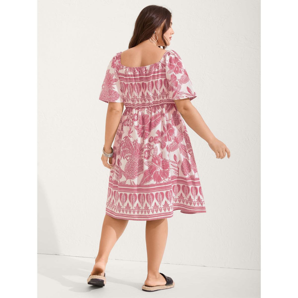 Plus Size Boho Print Fit Flare Pockets Midi Dress Blush Women Resort Non Heart neckline Short sleeve Curvy BloomChic 26/4X Product Image