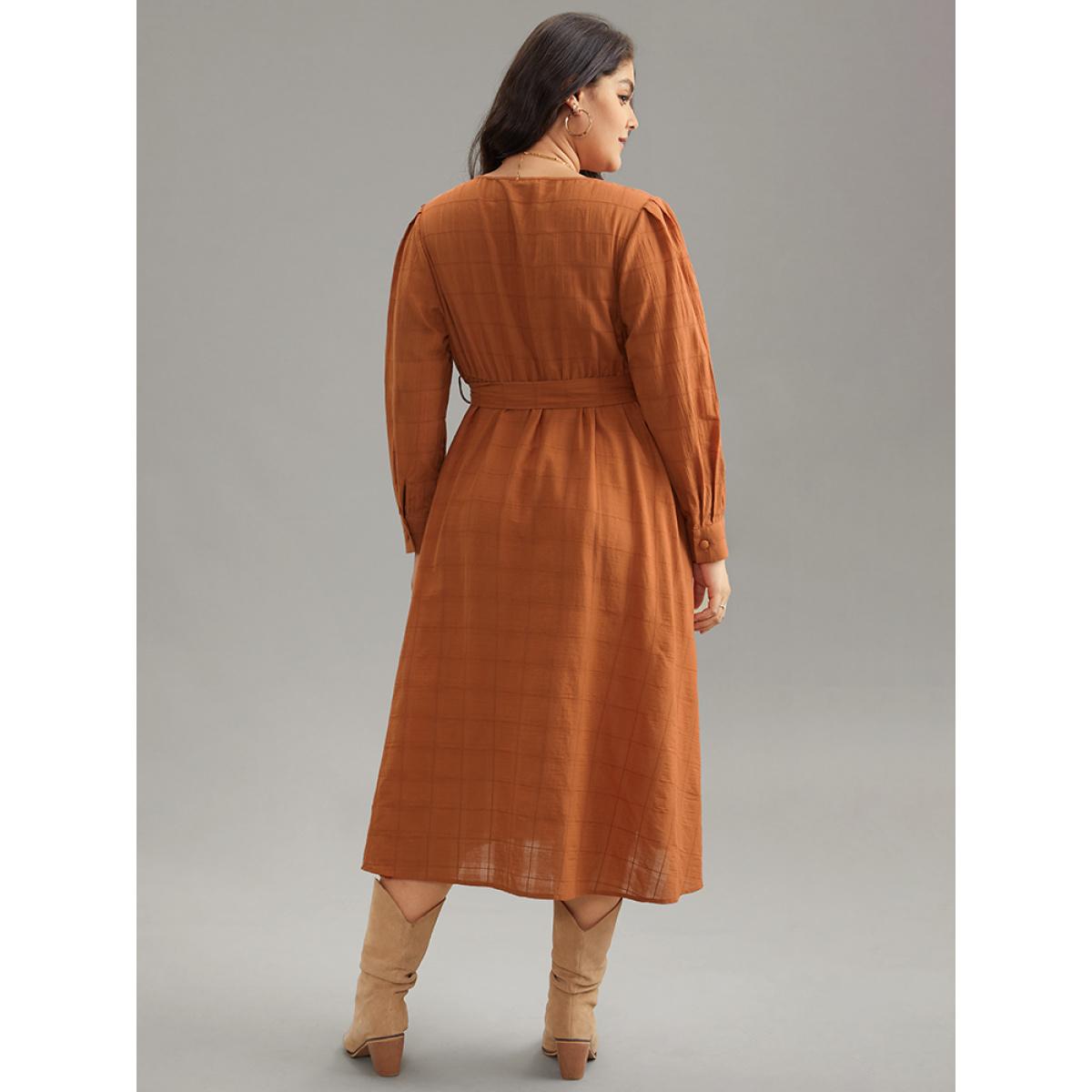Plus Size Cotton Plain Textured Pleated Button Detail Belted Dress Chocolate Women Casual Plain V-neck Long Sleeve Curvy Midi Dress BloomChic 14-16/1X Product Image