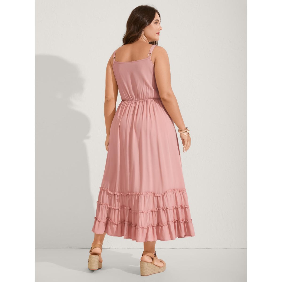 Plus Size Rayon Shirred Bodice Solid Midi Dress Crepe Women Square Neck Sleeveless Curvy BloomChic 14-16/1X Product Image