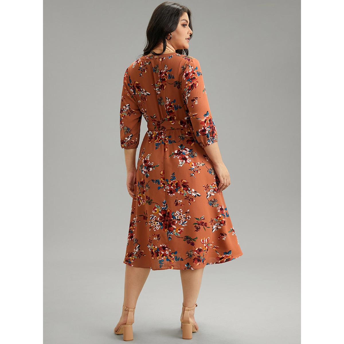 Plus Size Floral Notched Belted Elastic Waist Dress Chocolate Women Elegant Elastic cuffs Notched collar Elbow-length sleeve Curvy Midi Dress BloomChic 22-24/3X Product Image