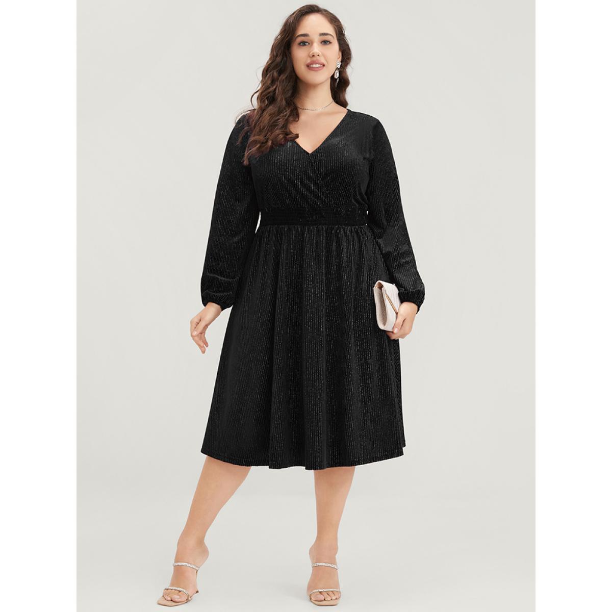 Plus Size Glitter Lantern Sleeve Surplice Neck Shirred Dress Black Women Party Plain V-neck Long Sleeve Curvy Knee Dress BloomChic 28/5X Product Image