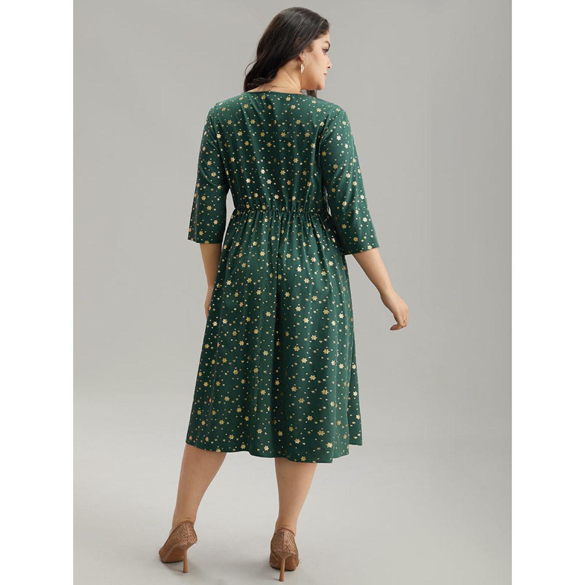 Plus Size Star Glitter Square Neck Gathered Dress DarkGreen Women Party Printed Square Neck Elbow-length sleeve Curvy Midi Dress BloomChic 18-20/2X Product Image