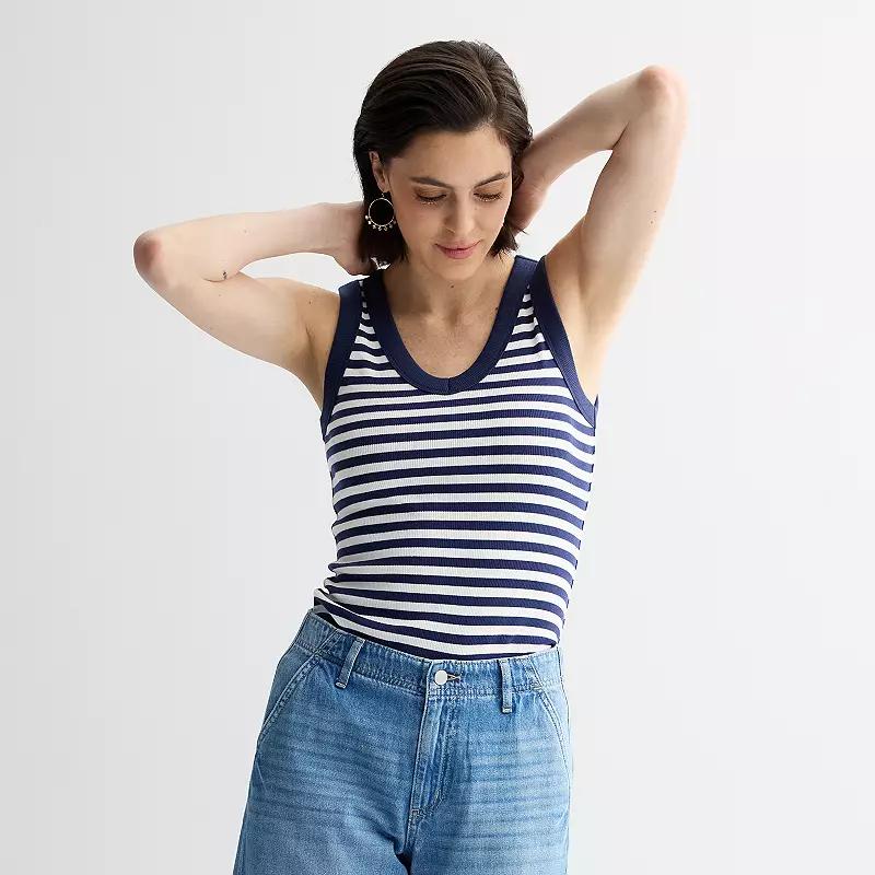 Women's Sonoma Goods For Life® Rib V-Neck Tank Top, Size: XXL, White Navy Stripe Product Image