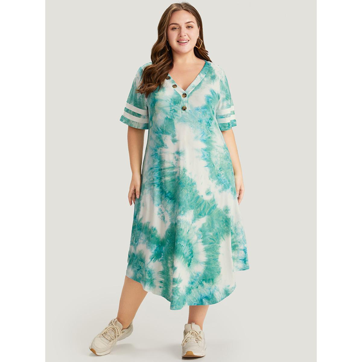 Plus Size Tie Dye & Striped Button Detail Pocket Arc Hem Dress Emerald Women Casual Printed V-neck Short sleeve Curvy Midi Dress BloomChic 10/M Product Image