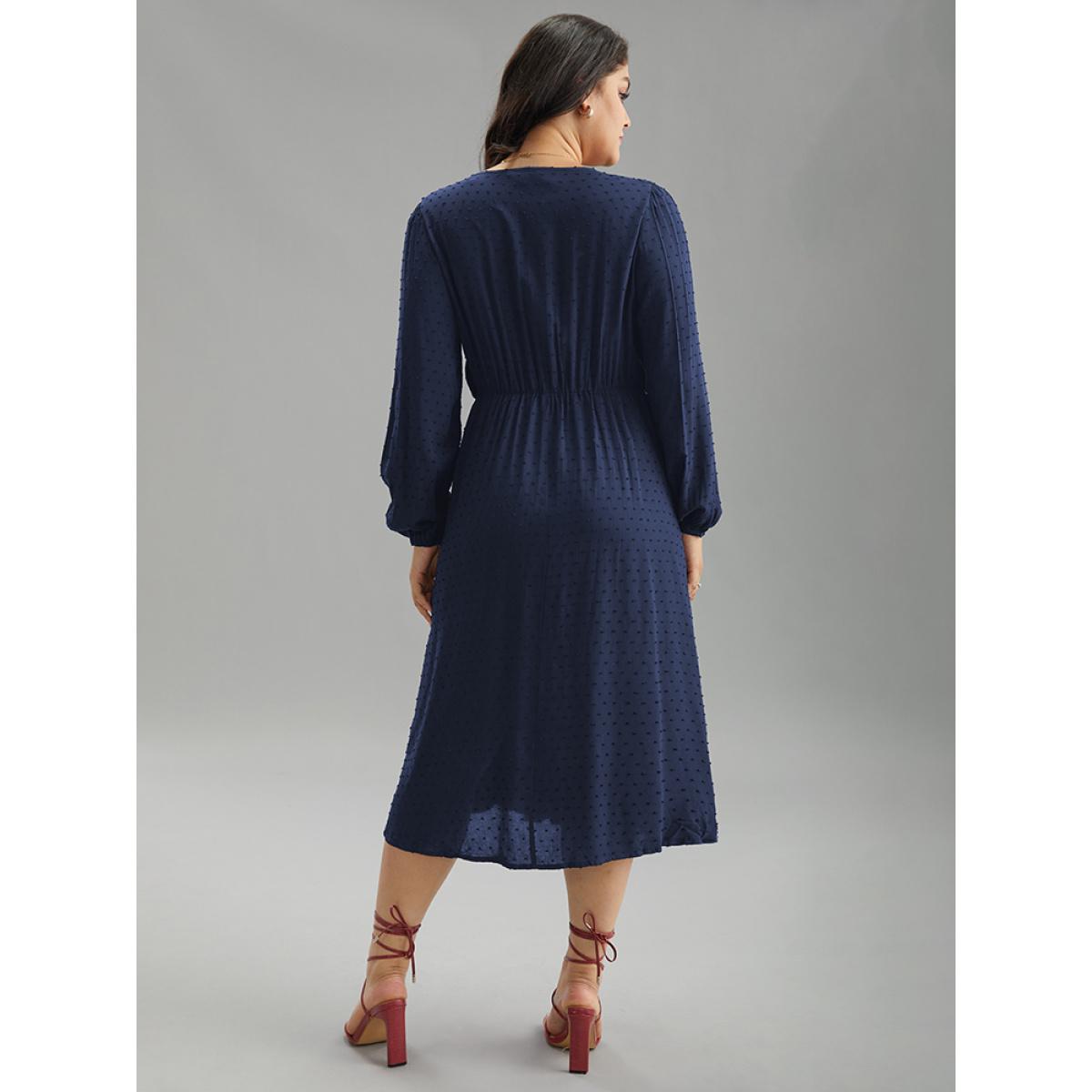 Plus Size Static-Free Solid Lantern Sleeve Pleated Dress DarkBlue Women Elegant Elastic cuffs Round Neck Long Sleeve Curvy Midi Dress BloomChic 18-20/2X Product Image