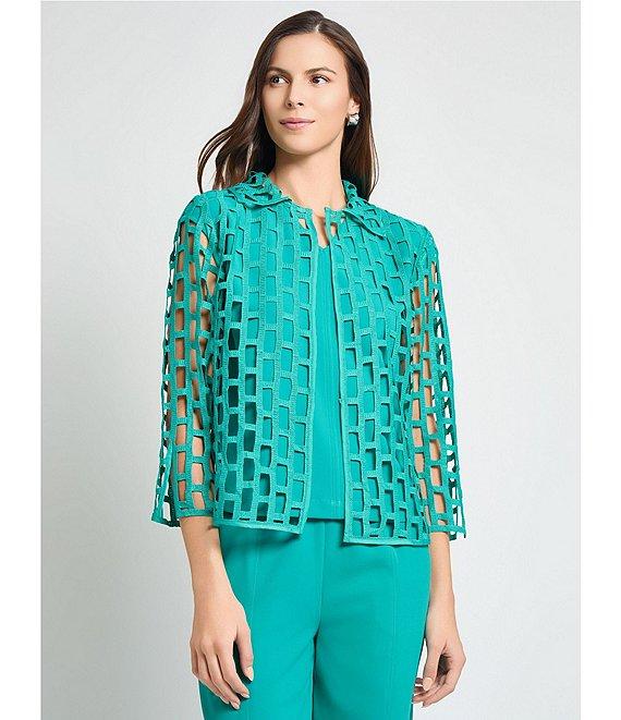 Ming Wang Novelty Woven Square Geo Cutout Spread Collar 3/4 Sleeve Jacket Product Image