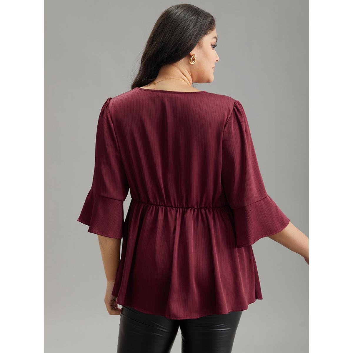 Plus Size Scarlet Anti-Wrinkle V Neck Gathered Ruffle Sleeve Blouse Women Office Elbow-length sleeve V-neck Office Blouses BloomChic 18-20/2X Product Image