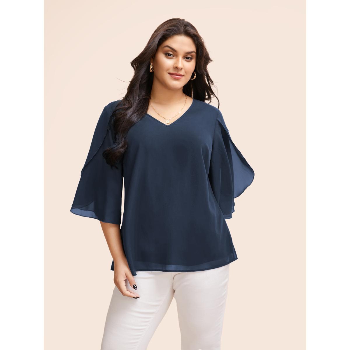 Plus Size DarkGreen Chiffon Gathered Petal Sleeve Blouse Women Elegant Elbow-length sleeve V-neck Everyday Blouses BloomChic 30/6X Product Image