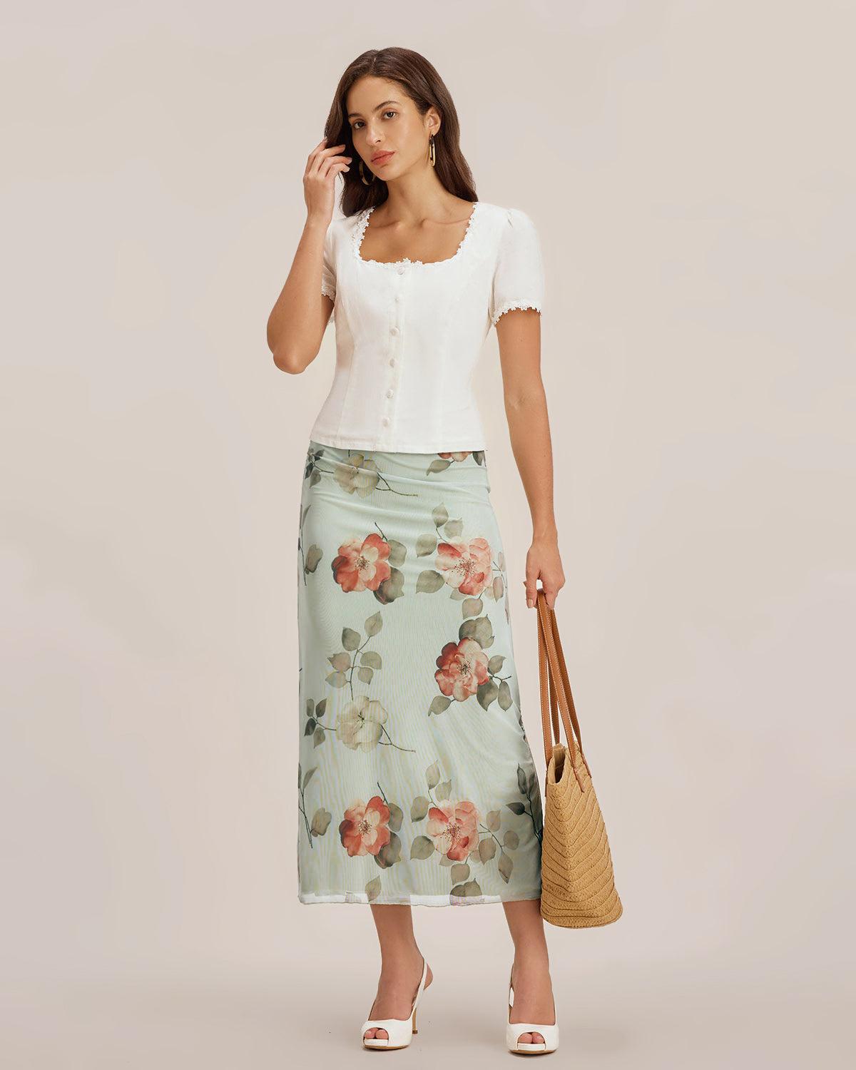 White Square Neck Button Lace Blouse Product Image