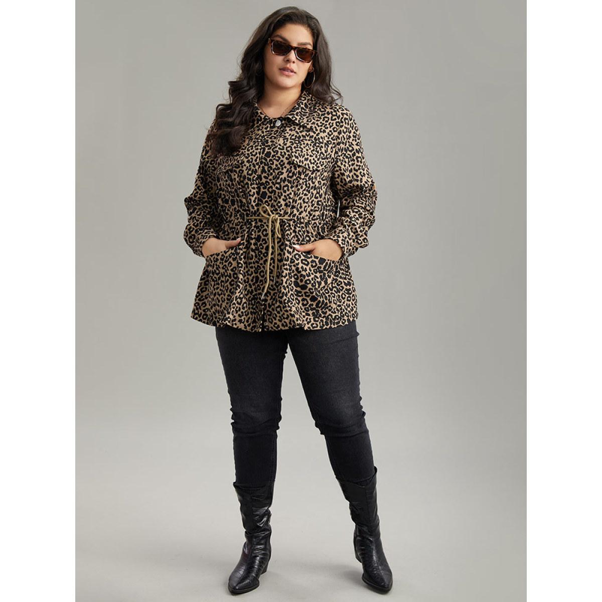 Plus Size Leopard Zipper Drawstring Knot Pocket Jacket Women LightBrown Contrast Pocket Dailywear Jackets BloomChic 22-24/3X Product Image