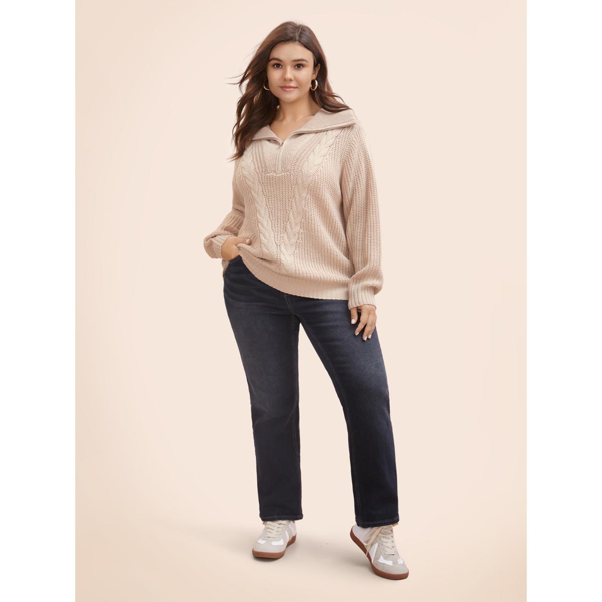 Plus Size Lapel Collar Half Zip Cable Knit Pullover Apricot Women Casual Long Sleeve Lapel Collar Everyday Pullovers BloomChic 26/4X Product Image