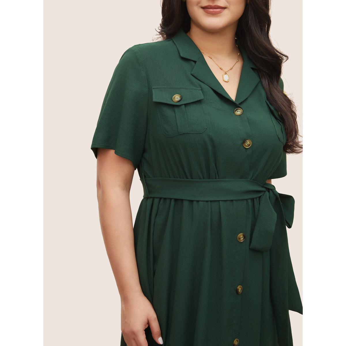 Plus Size Plain Suit Collar Belted Flap Detail Dress Cyan Women At the Office Non Suit Collar Short sleeve Curvy Midi Dress BloomChic 14-16/1X Product Image