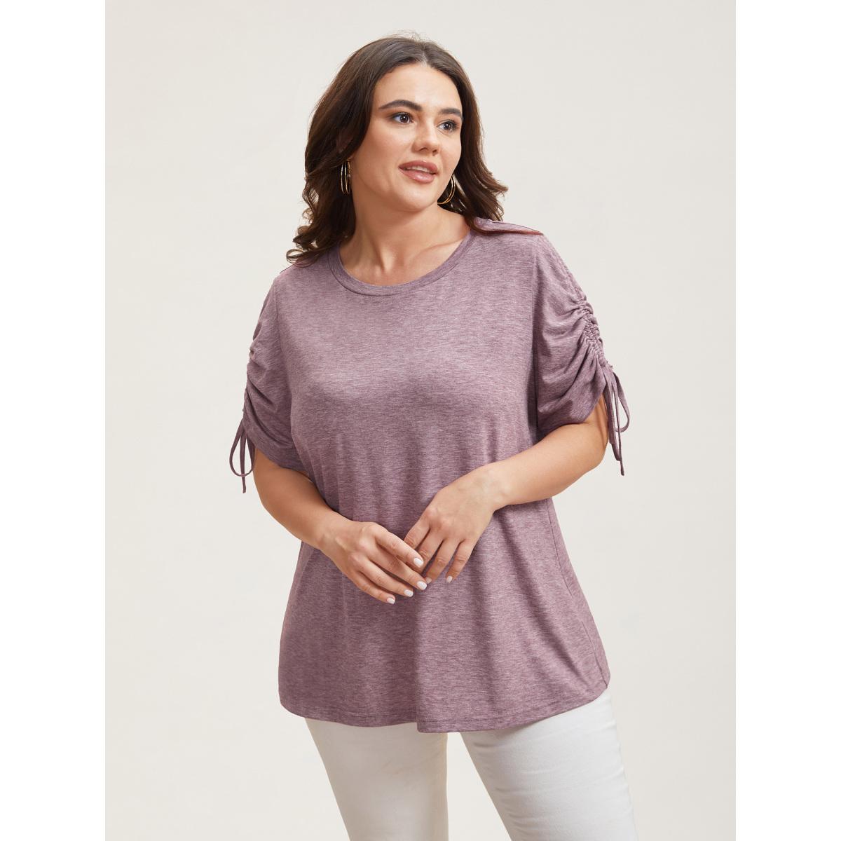 Plus Size Stretchy Heather Fabric Drawstring Sleeve T-Shirt Mauve Women Elegant Drawstring Round Neck Everyday T-shirts BloomChic 12/L Product Image