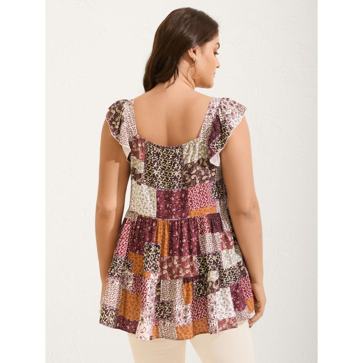 Plus Size Floral Collage Print Layered Tank Top Women Burgundy Gathered Square Neck Vacation Tank Tops Camis BloomChic 10/M Product Image